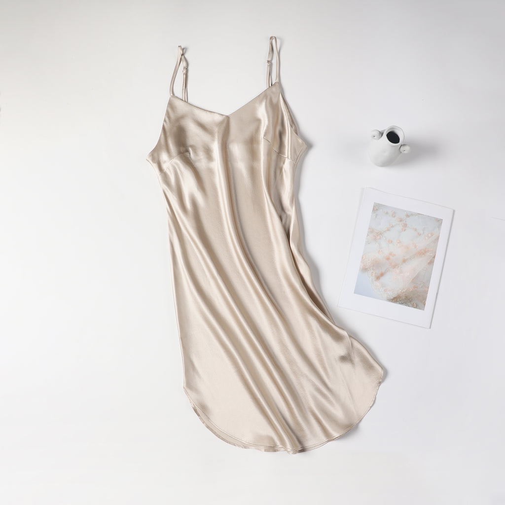 River Nymph | Beige Pure Silk Slip Dress | Knee Length with Adjustable Straps | 22 Momme | Float Collection
