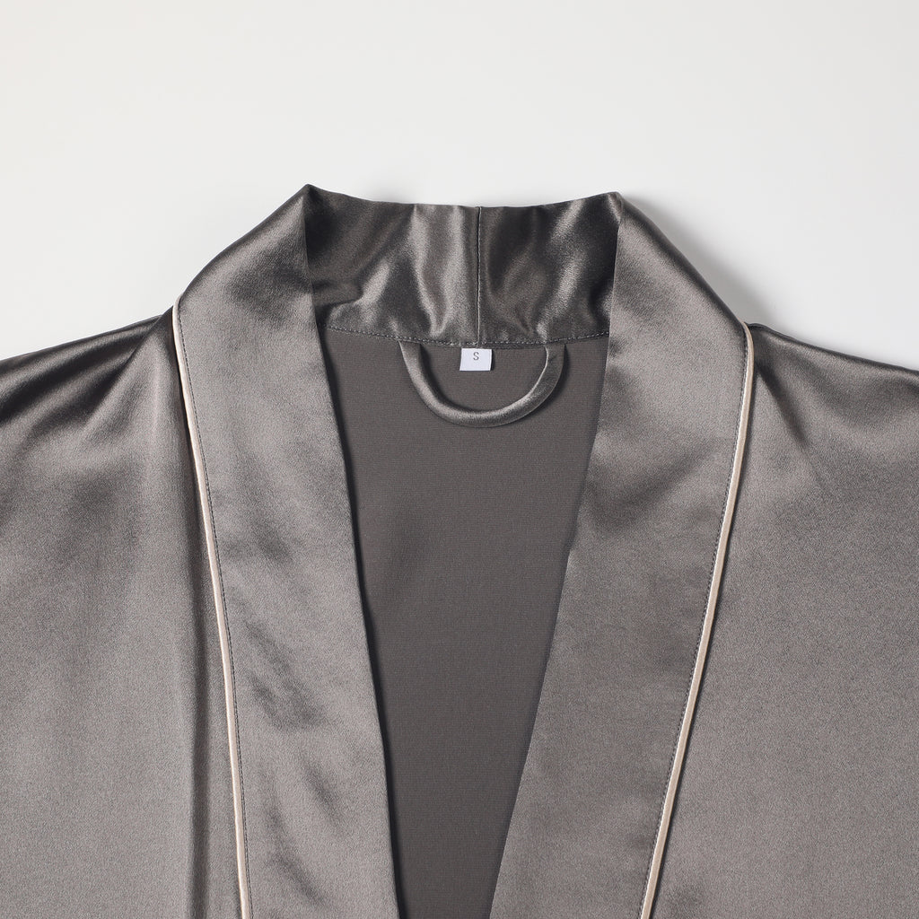 Pasithea | Grey Kimono Pure Silk Robe | Knee Length with Double Belts and Pockets | 22 Momme | Float Collection