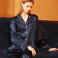Navy Pure Silk Unisex Long Sleeve Pajama Set