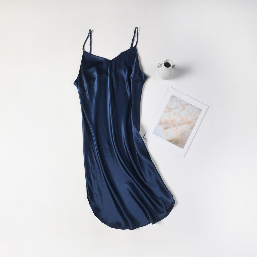 River Nymph | Navy Pure Silk Slip Dress | Knee Length with Adjustable Straps | 22 Momme | Float Collection