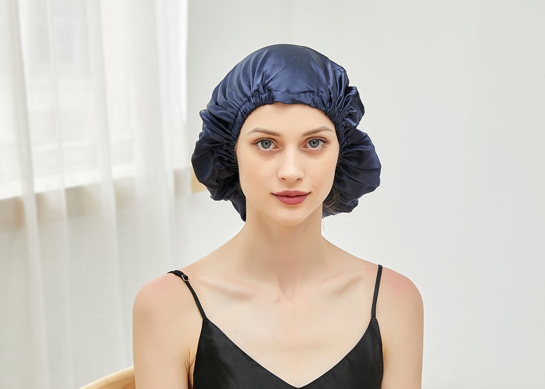 Navy Pure Silk Sleeping Bonnet | Single Layer | Adjustable Elastic for All Head Sizes | 22 Momme Silk Charmeuse | Float Collection