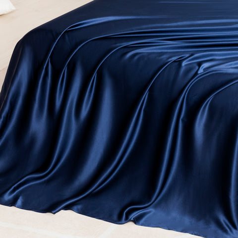 Navy Pure Mulberry Silk Seamless Flat Sheet, Fitted Sheet and Duvet