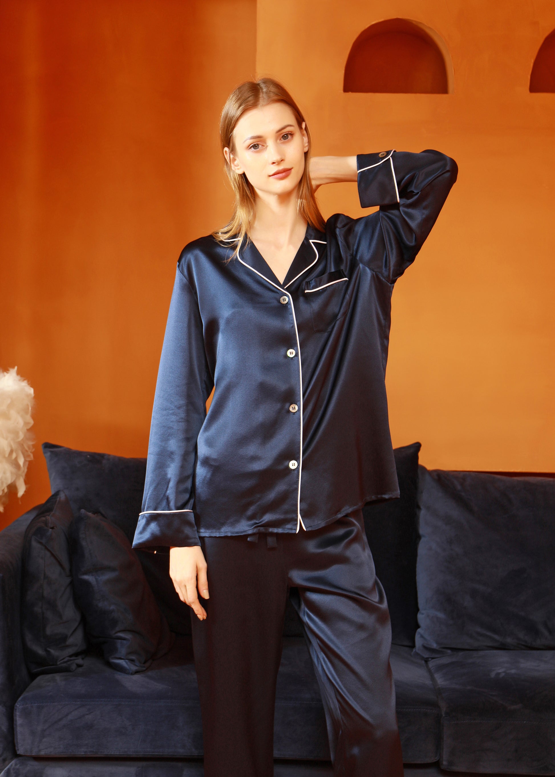 Long Sleeve Navy Satin Pajamas Mens Pyjamas Satin Pyjamas Navy