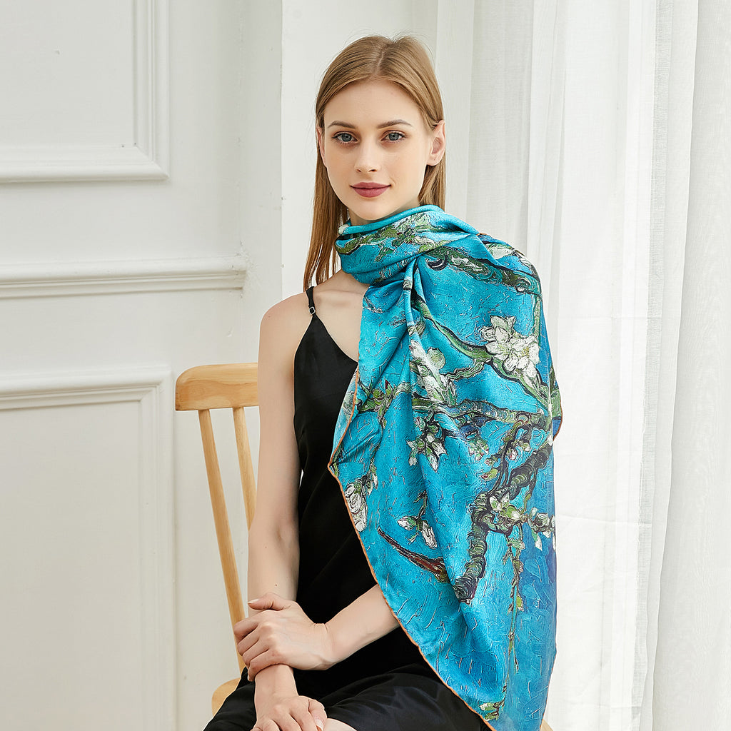 Sample: Almond Blossoms by Van Gogh Handmade Oil Painting Square Silk Scarf / 12 momme silk charmeuse