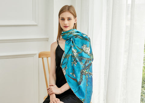 Pure Silk Scarf With Van Gogh's Almond Blossoms Oil Painting
