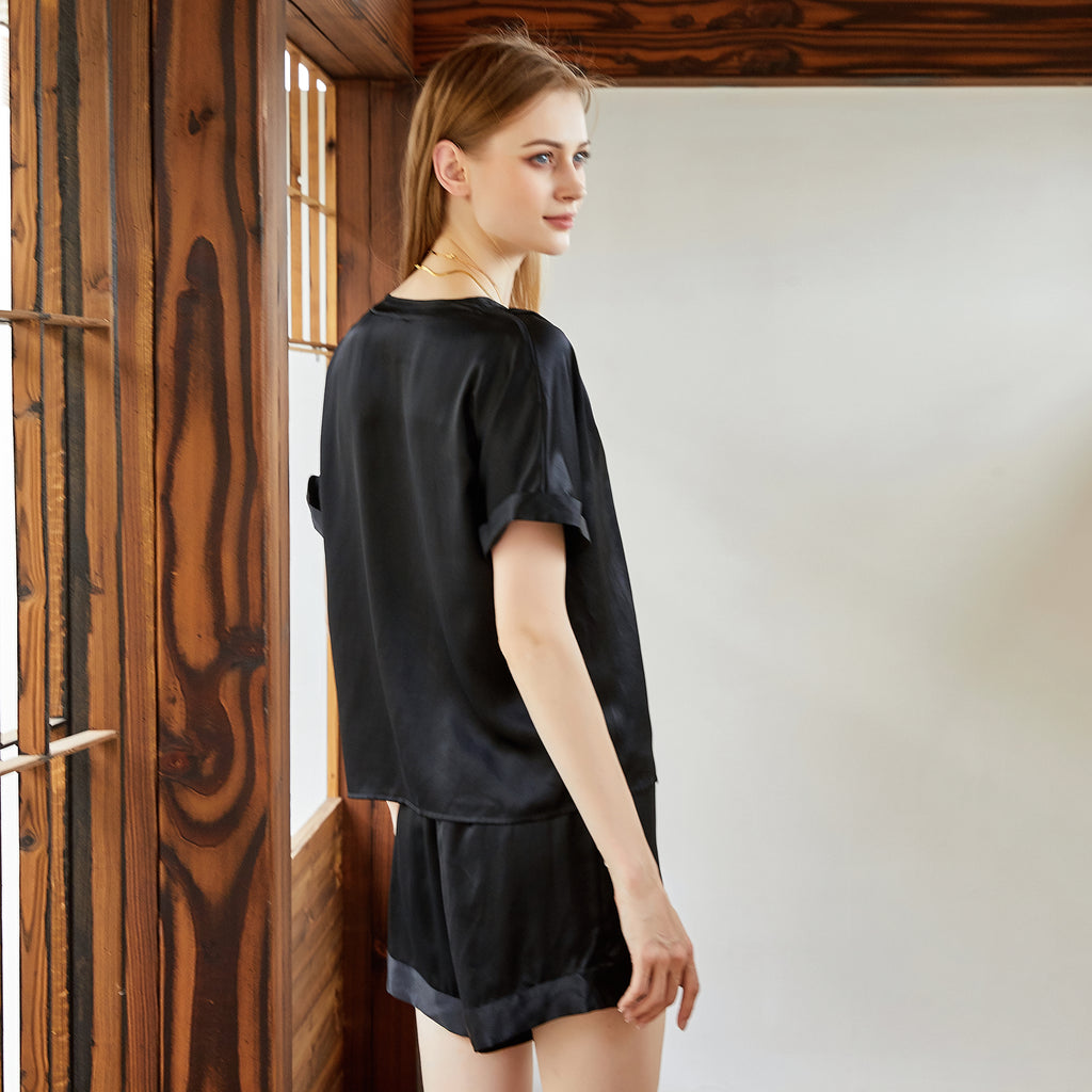 Black Pure Mulberry Silk Top and Shorts Set | Soar Collection