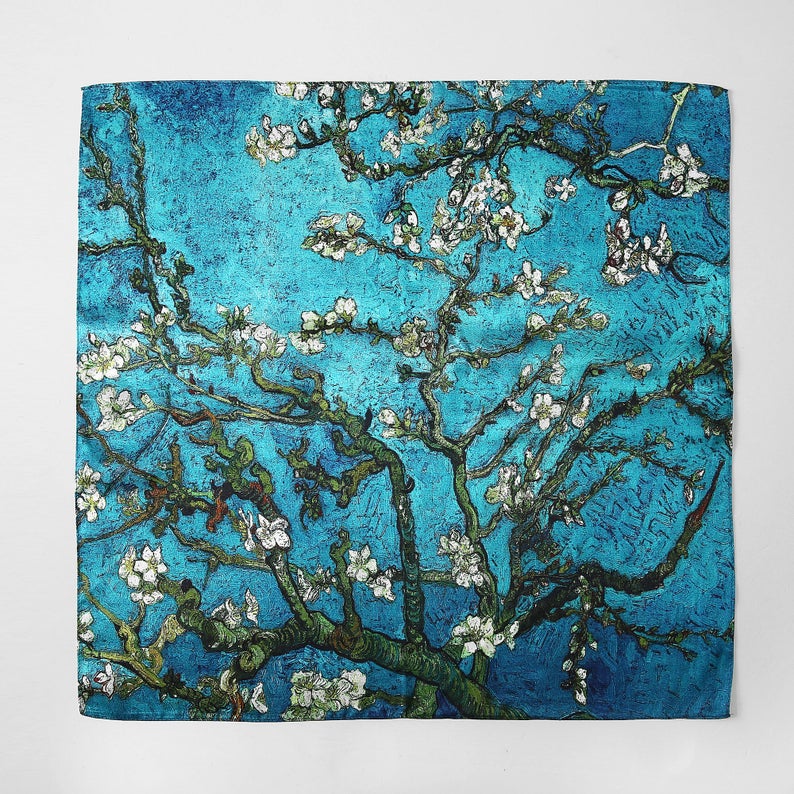 Almond Blossoms by Van Gogh Handmade Oil Painting Extra Large Square Silk Scarf / Small Square Silk Scarf