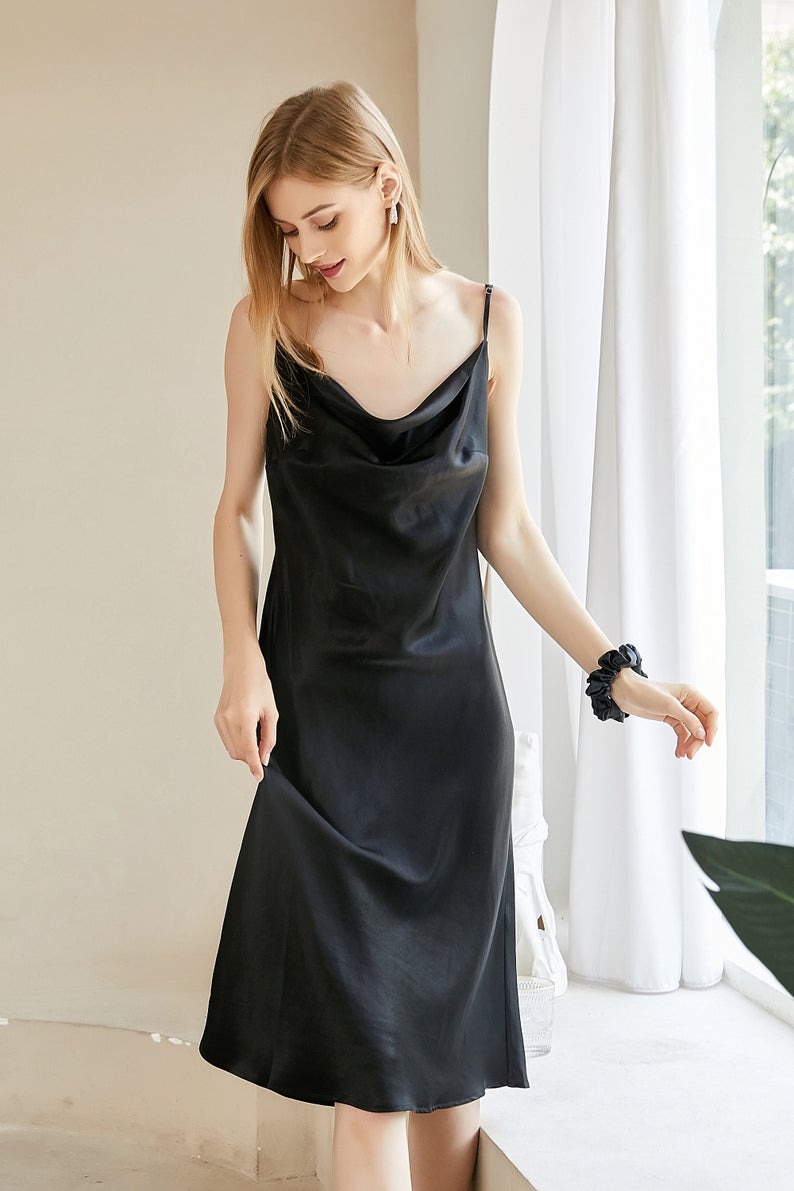 Black Silk Cowl Neck Slip Dress - Rebirth of Venus Soft Strokes Silk Black Silk Cowl Neck Slip Dress - Rebirth of Venus Soft Strokes Silk