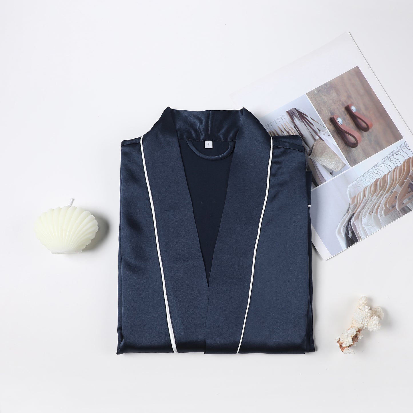 Pasithea | Navy Kimono Pure Silk Robe | Knee Length with Double Belts and Pockets | 22 Momme | Float Collection
