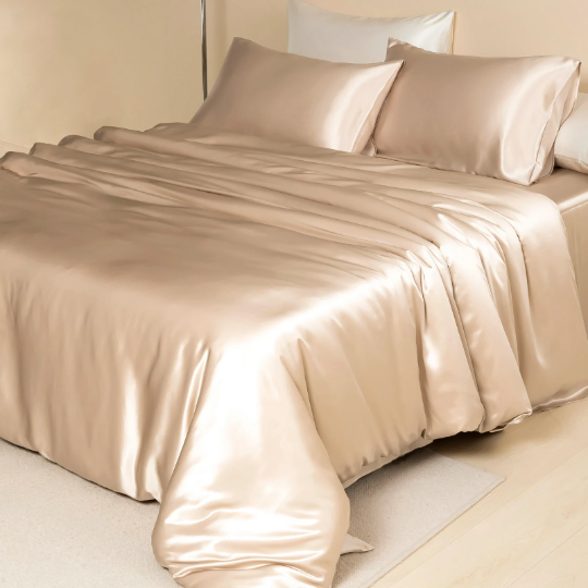 Beige Pure Mulberry Silk Seamless Flat Sheet, Fitted Sheet and Duvet | Full, Queen, King, California King and 4-Piece Set | 22 Momme | Float Collection