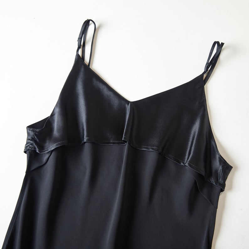 River Nymph | Black Pure Silk Slip Dress | Knee Length with Adjustable Straps | 22 Momme | Float Collection