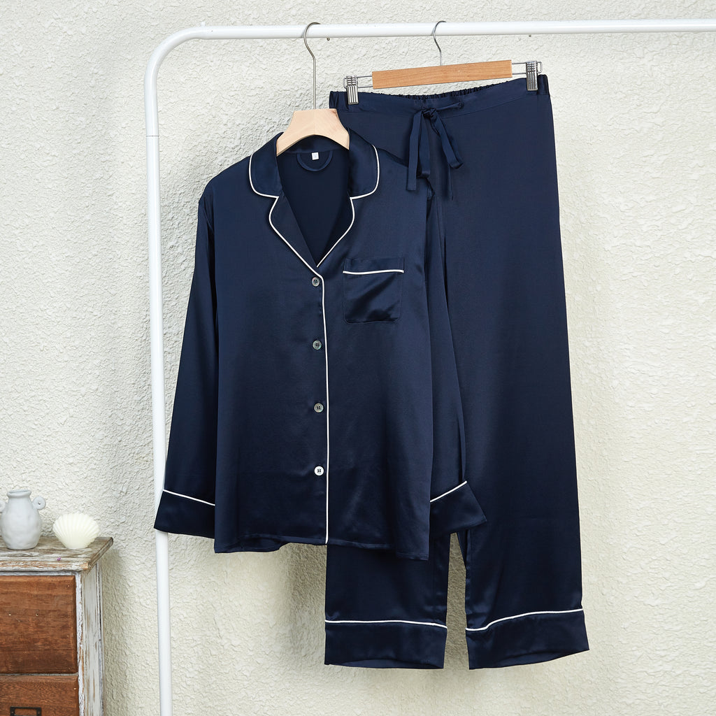 Navy Pure Silk Unisex Long Sleeve Pajama Set