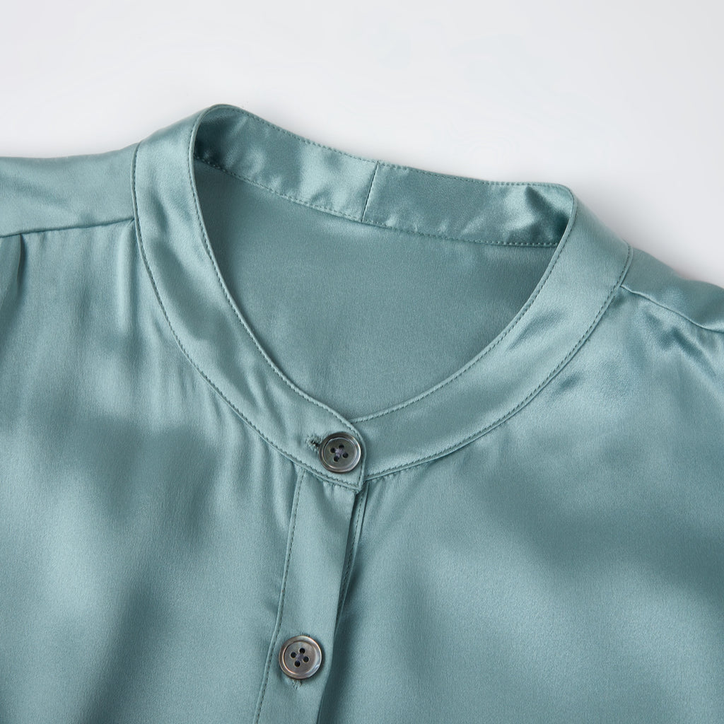 Custom Pure Silk Long Sleeve Banded Collar Blouse | Aeverie | 22 Momme Silk Charmeuse