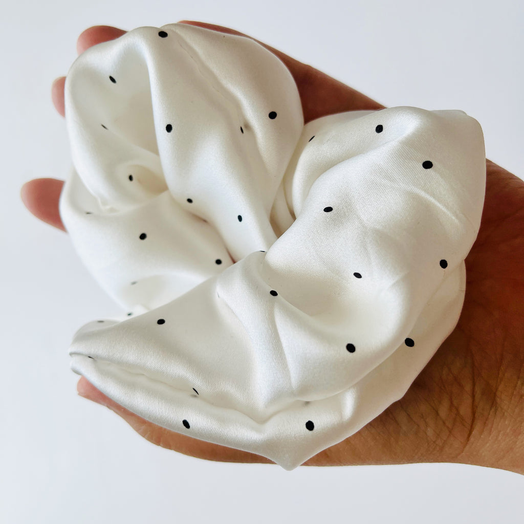 Pure Mulberry Silk French Scrunchie | Age of Innocence | Tiny Black Polka Dots on White Silk | 2 inch | 19 Momme | Brush Collection