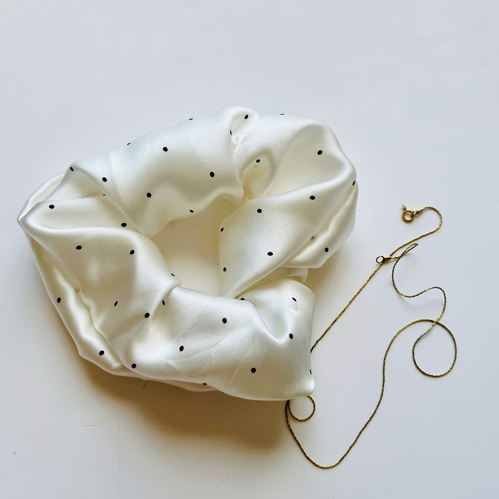 Pure Mulberry Silk French Scrunchie | Age of Innocence | Tiny Black Polka Dots on White Silk | 2 inch | 19 Momme | Brush Collection
