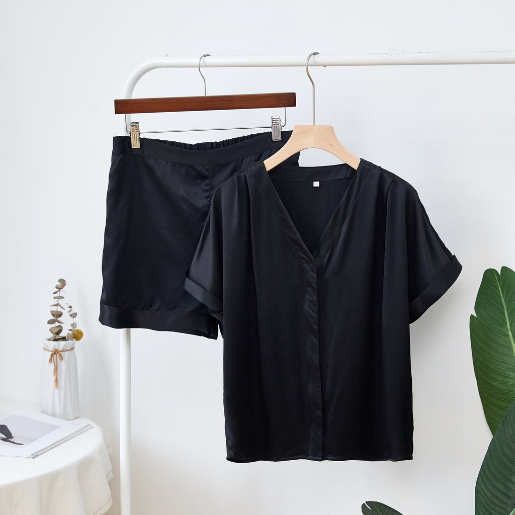 Black Pure Mulberry Silk Top and Shorts Set | Soar Collection