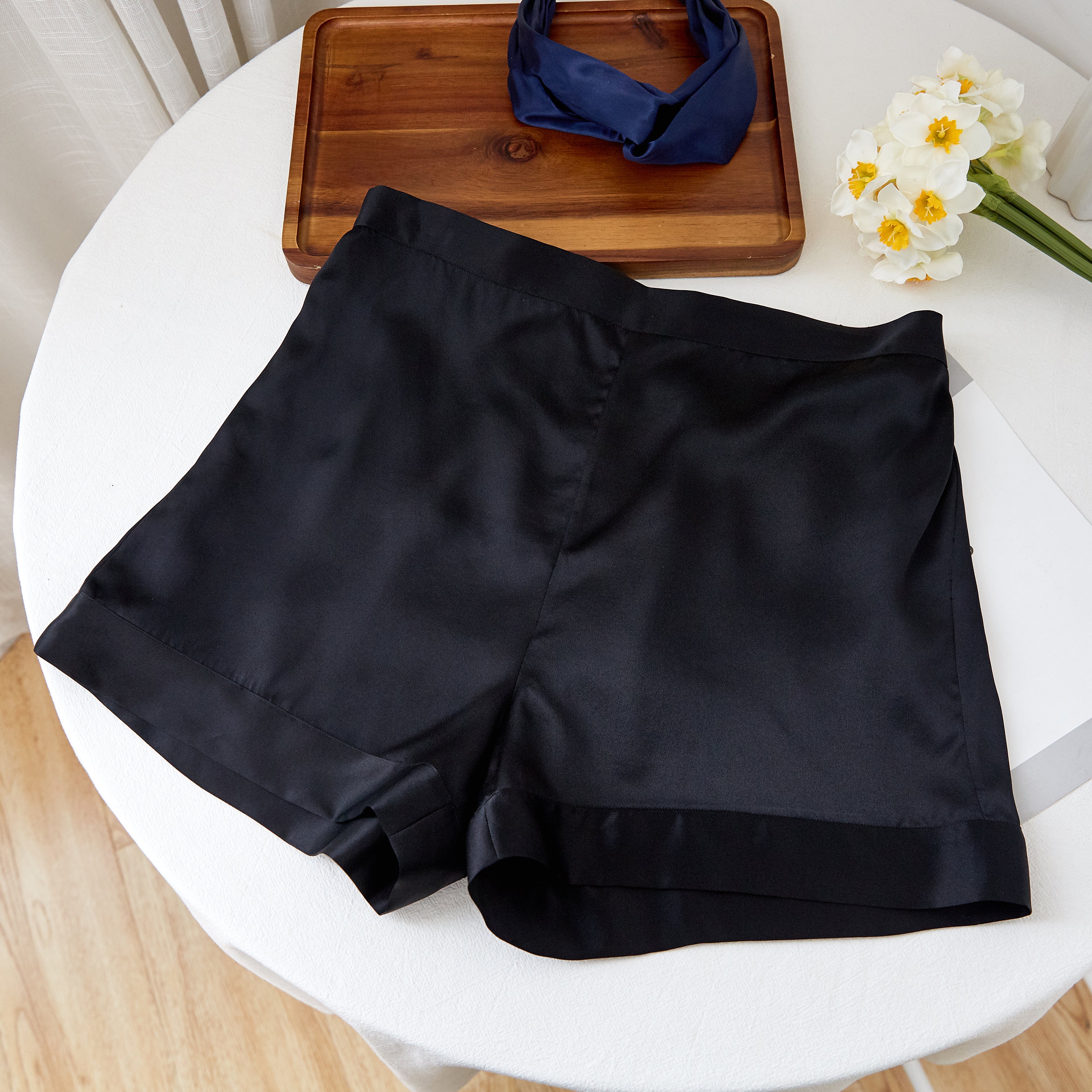 Black Pure Mulberry Silk Shorts | High-Waisted | 19 Momme | Soar Collection