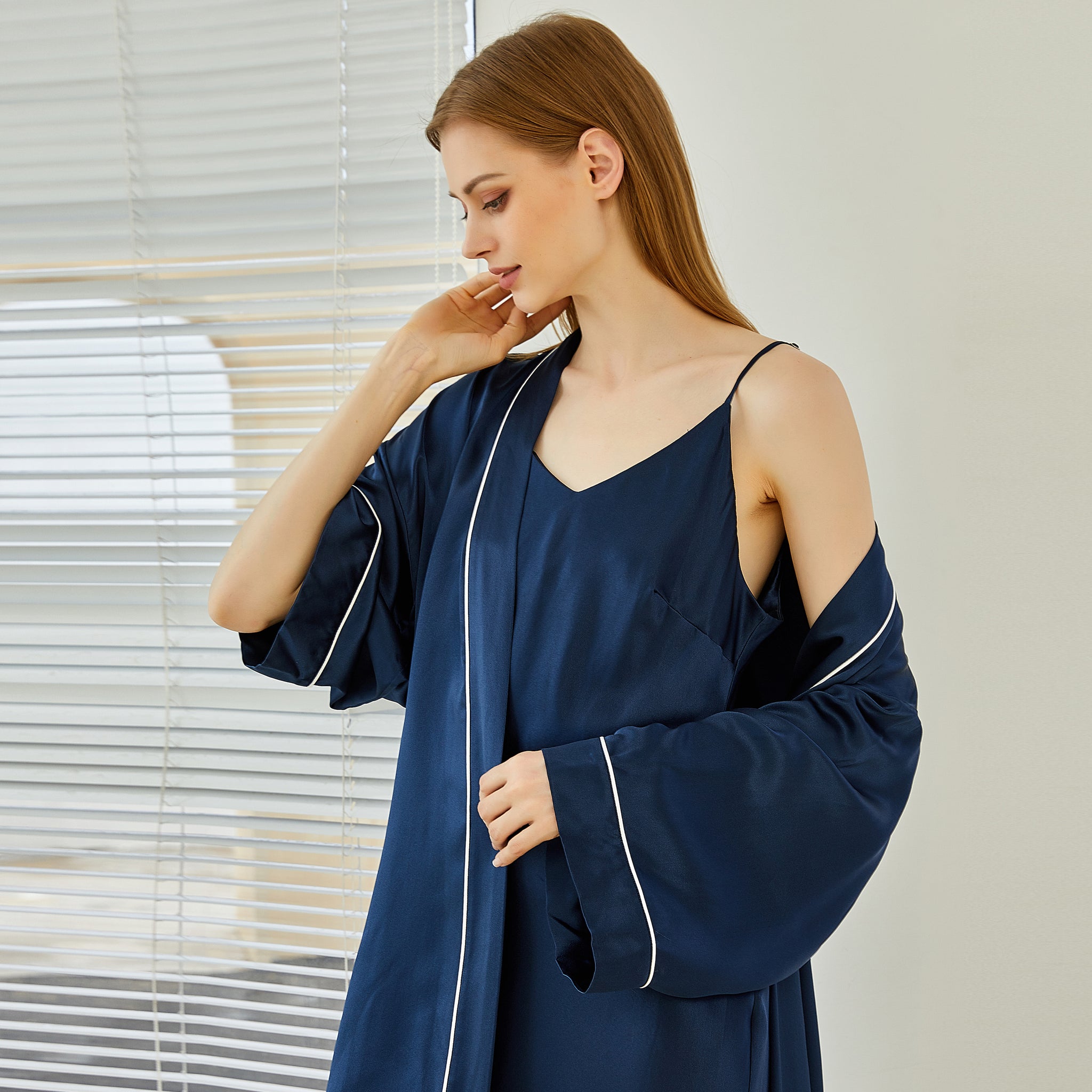Pasithea | Navy Kimono Pure Silk Robe | Knee Length with Double Belts and Pockets | 22 Momme | Float Collection