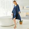 Pasithea | Navy Kimono Pure Silk Robe | Knee Length with Double Belts and Pockets | 22 Momme | Float Collection
