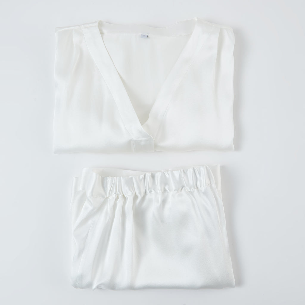 Pearl White Pure Mulberry Silk Top and Shorts Set | Soar Collection