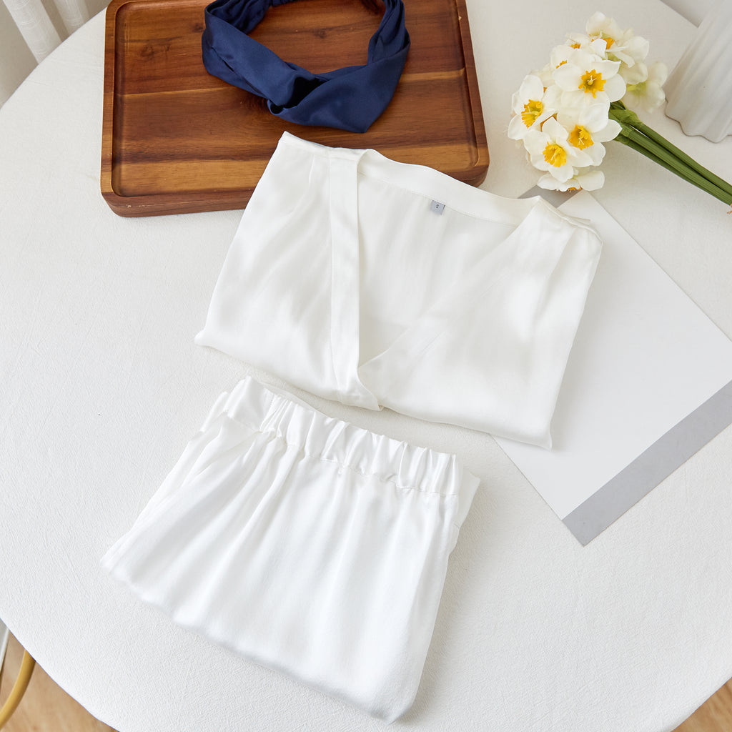 Pearl White Pure Mulberry Silk Top and Shorts Set | Soar Collection