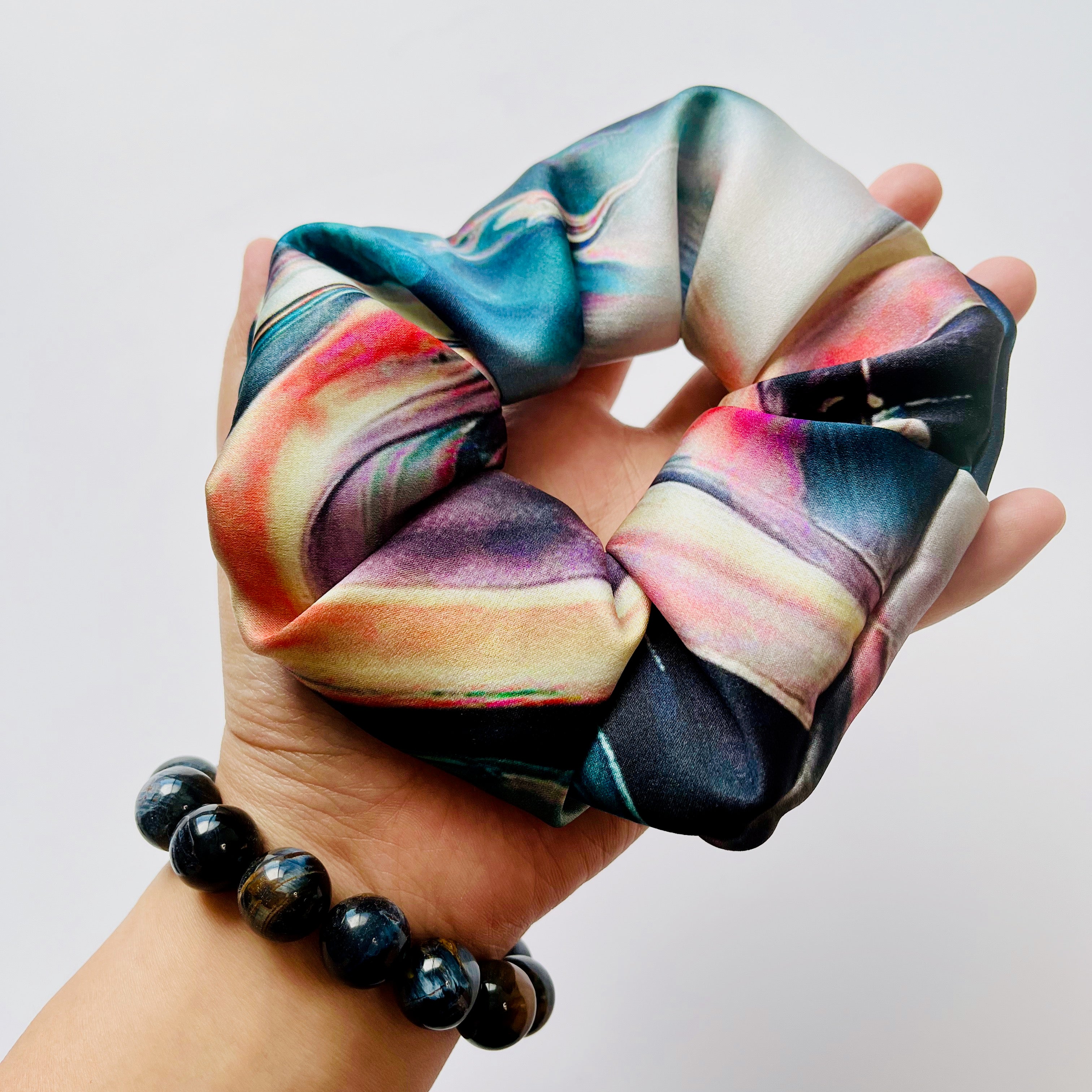 Pure Mulberry Silk French Scrunchie | Space Odyssey | Abstract Planet Print | 2 inch | 20 Momme | Brush Collection
