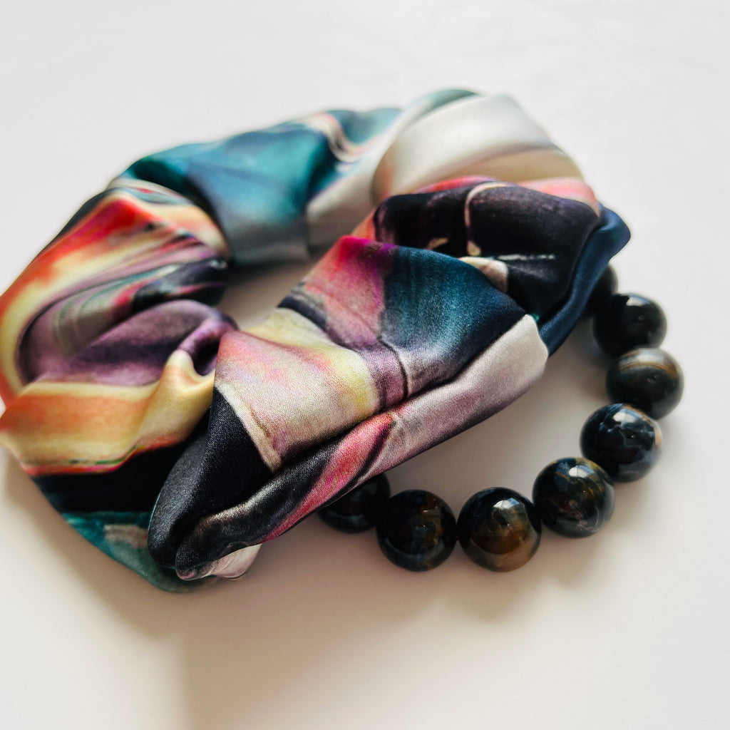 Pure Mulberry Silk French Scrunchie | Space Odyssey | Abstract Planet Print | 2 inch | 20 Momme | Brush Collection