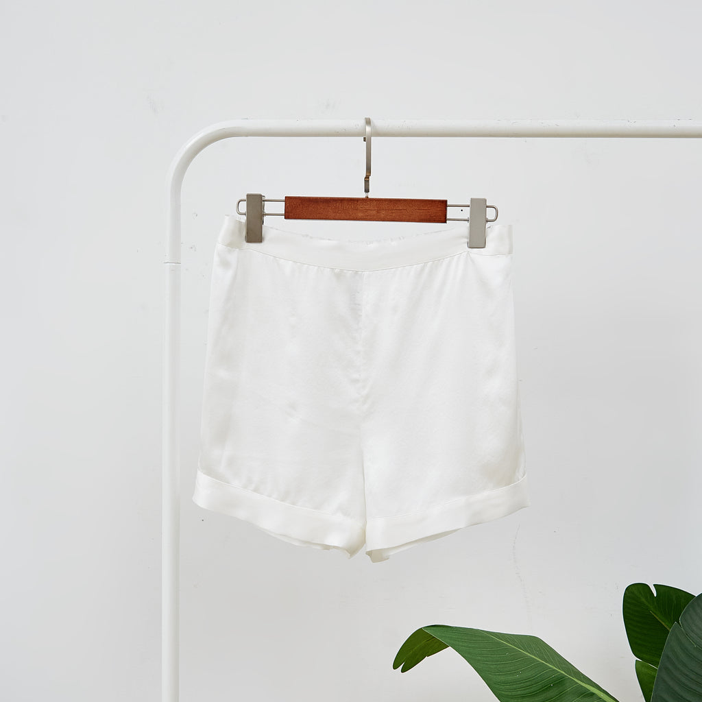 Pearl White Pure Mulberry Silk Shorts | High-Waisted | 19 Momme | Soar Collection